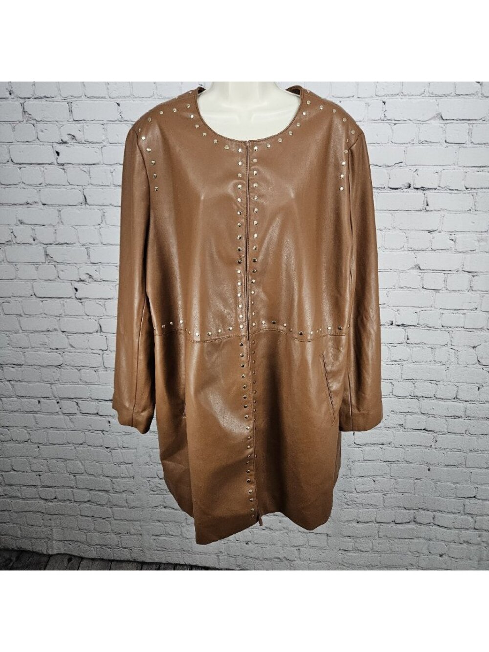 Chico's Brown Faux Leather Gold Studded Lined Long Jacket Coat 4 US 20/22